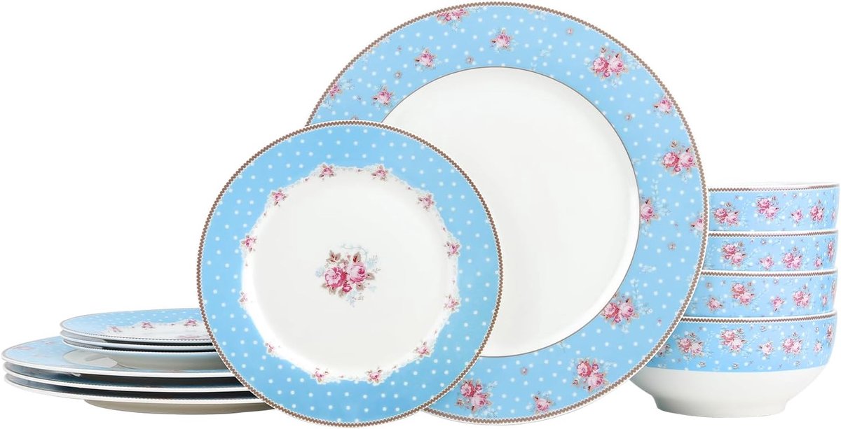 12-delige blauwe dinerset met bloemen, porseleinen serviesset voor 4 personen, vaatwasmachine- en magnetronbestendig