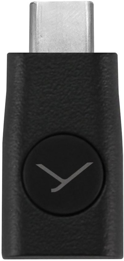 Zwarte USB-C naar USB-C adapter met logo.
