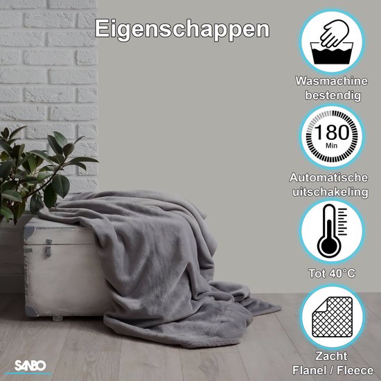 Sanbo Elektrische Deken - 180 x 130 cm - Wasmachinebestendig - Bovendeken - 1 Persoons - 9 Standen - Met Timer - Warmtedeken - Oververhittingsbeveiliging - Antraciet