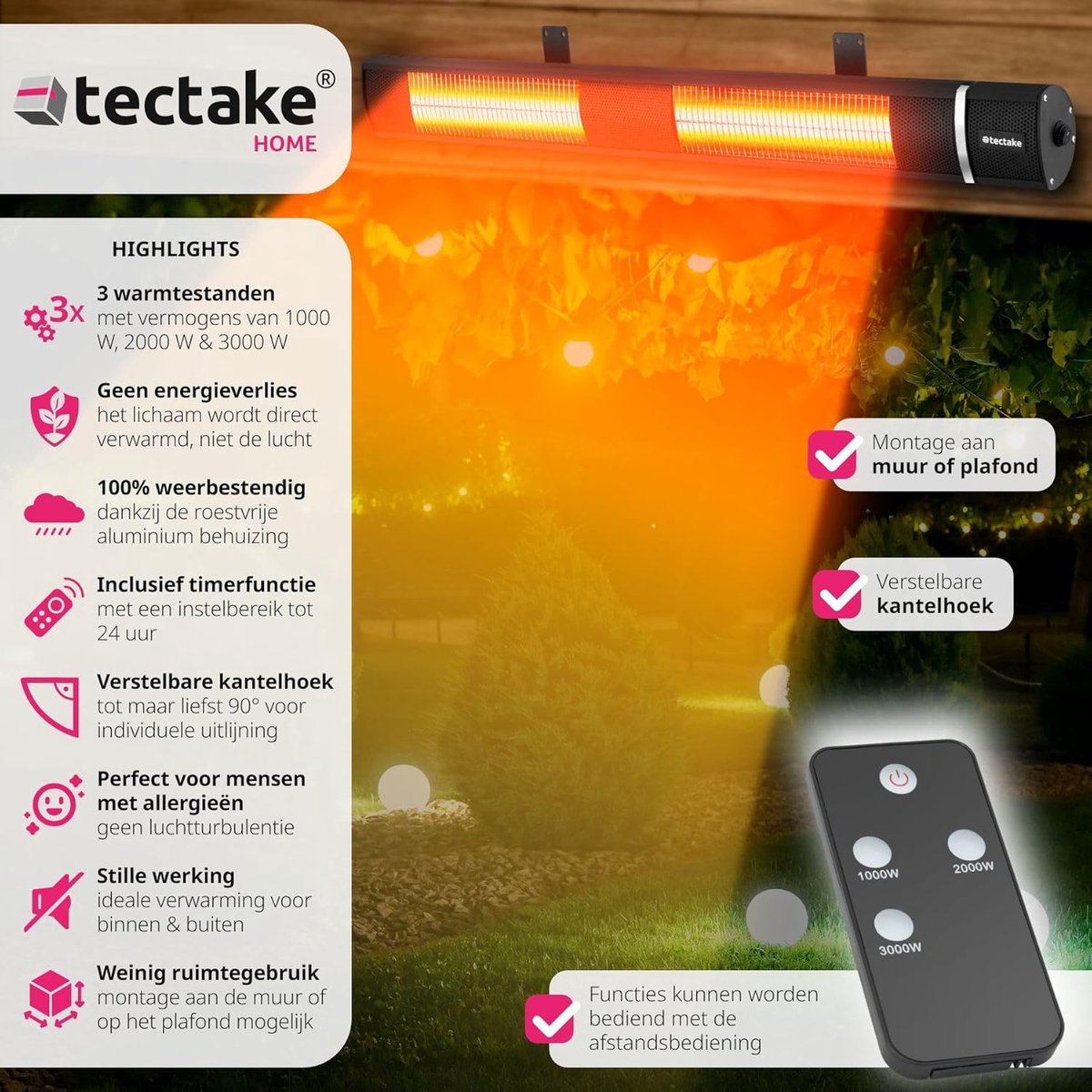 Infrarood terrasverwarmer met 3 vermogensniveaus en afstandsbediening - Perfect voor binnen en buiten – foto 6