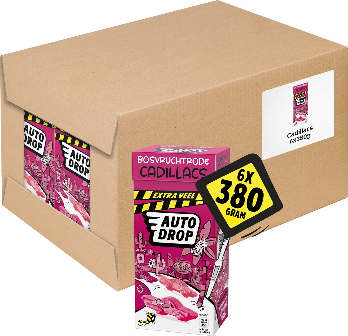 Autodrop - Snoep - Bosvruchtrode Cadillacs Xtra Veel - 6 doosjes - 380 gram