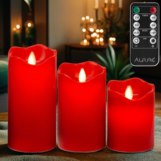 Aurae Led Kaarsen met Bewegende Vlam - 3x - Echte Wax - Afstandsbediening - 180+ branduren - op Batterijen - Flikkerende Vlam - Timer