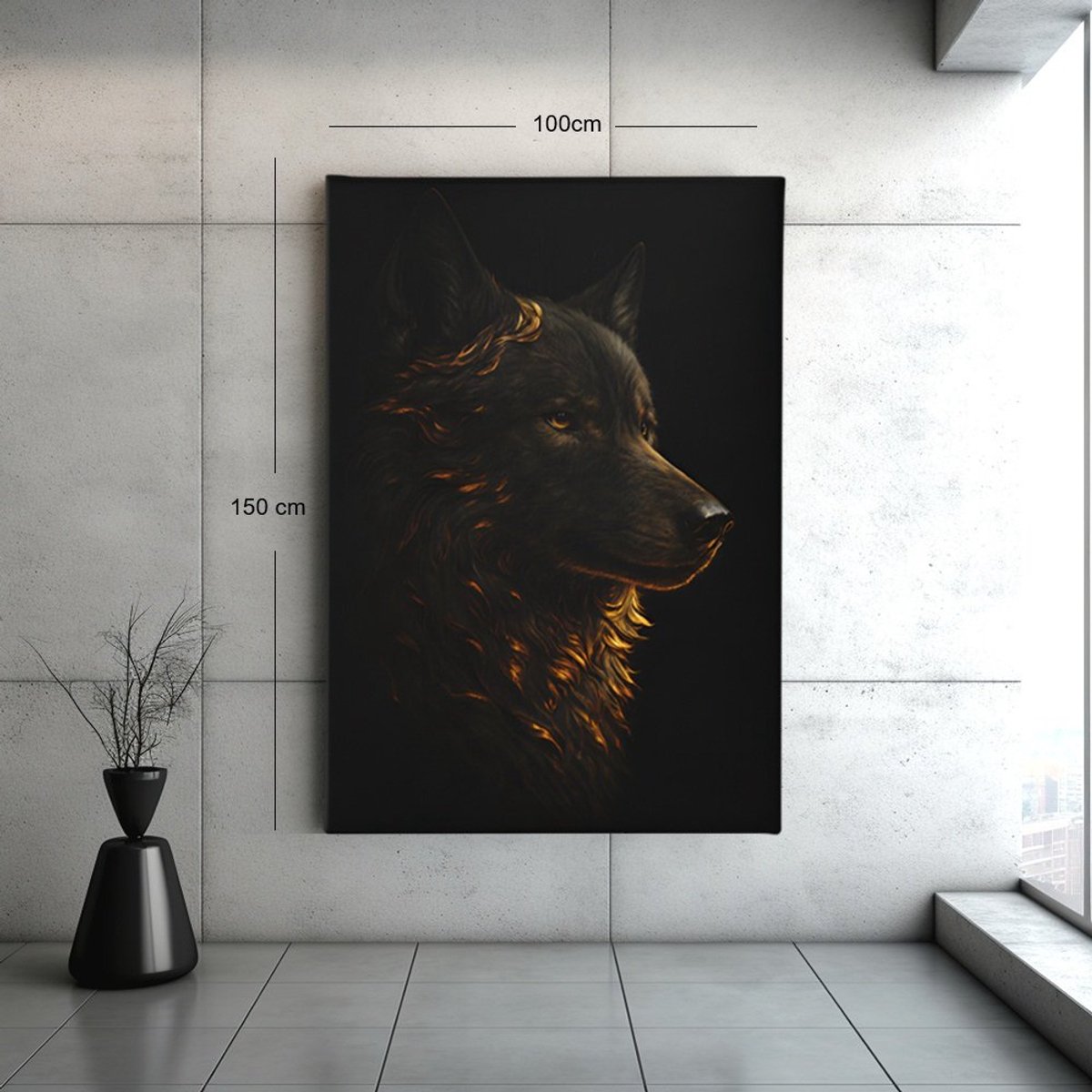 Trendex Global Canvas Schilderij – Donkere Wolf met Gouden Glans - 90x60x2 cm Zwart