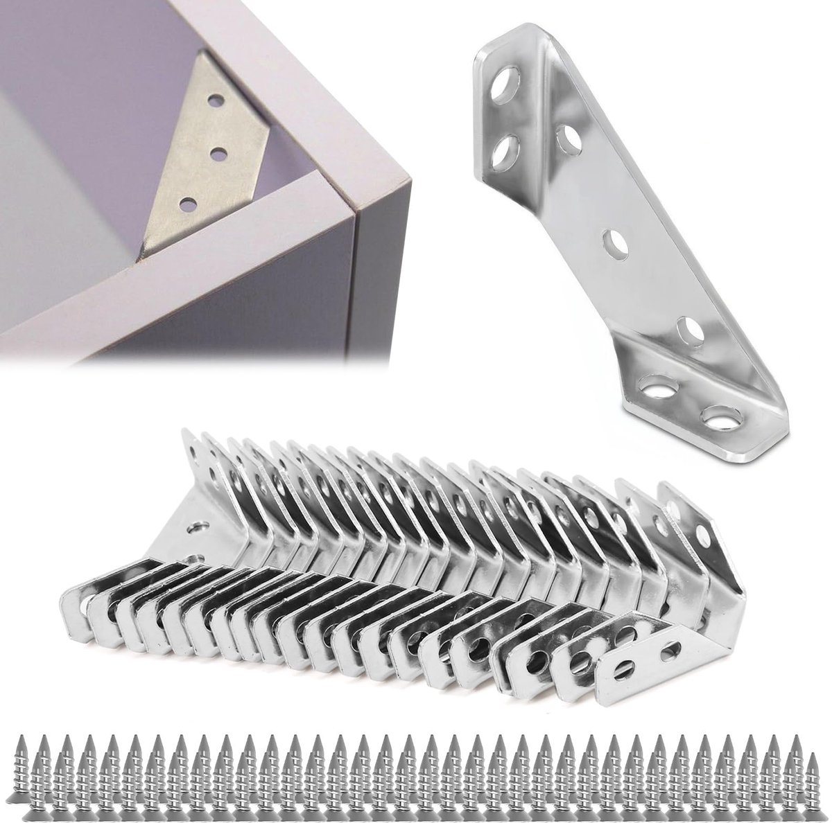 Image of 20pcs Universal Stainless Steel Corner Connectors, Trapezoidal Corner Brackets with Screws, Corner Fastener, Corner Brackets, Metal Corner Brackets Connector for Furniture Attachment