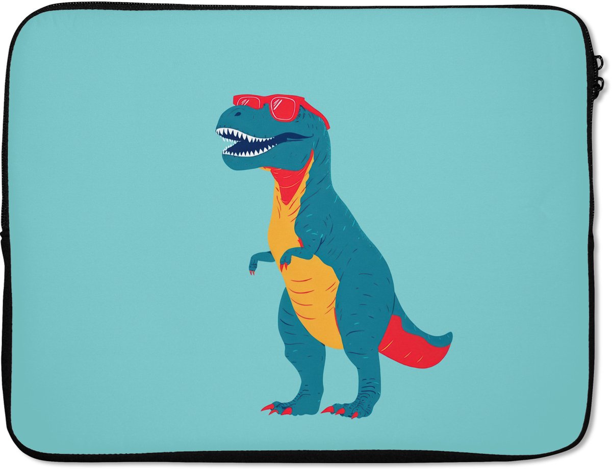 Laptophoes 17 inch - Dinosaurus - Blauw - Zonnebril - Laptop sleeve - Binnenmaat 41x28 cm - Zwarte achterkant