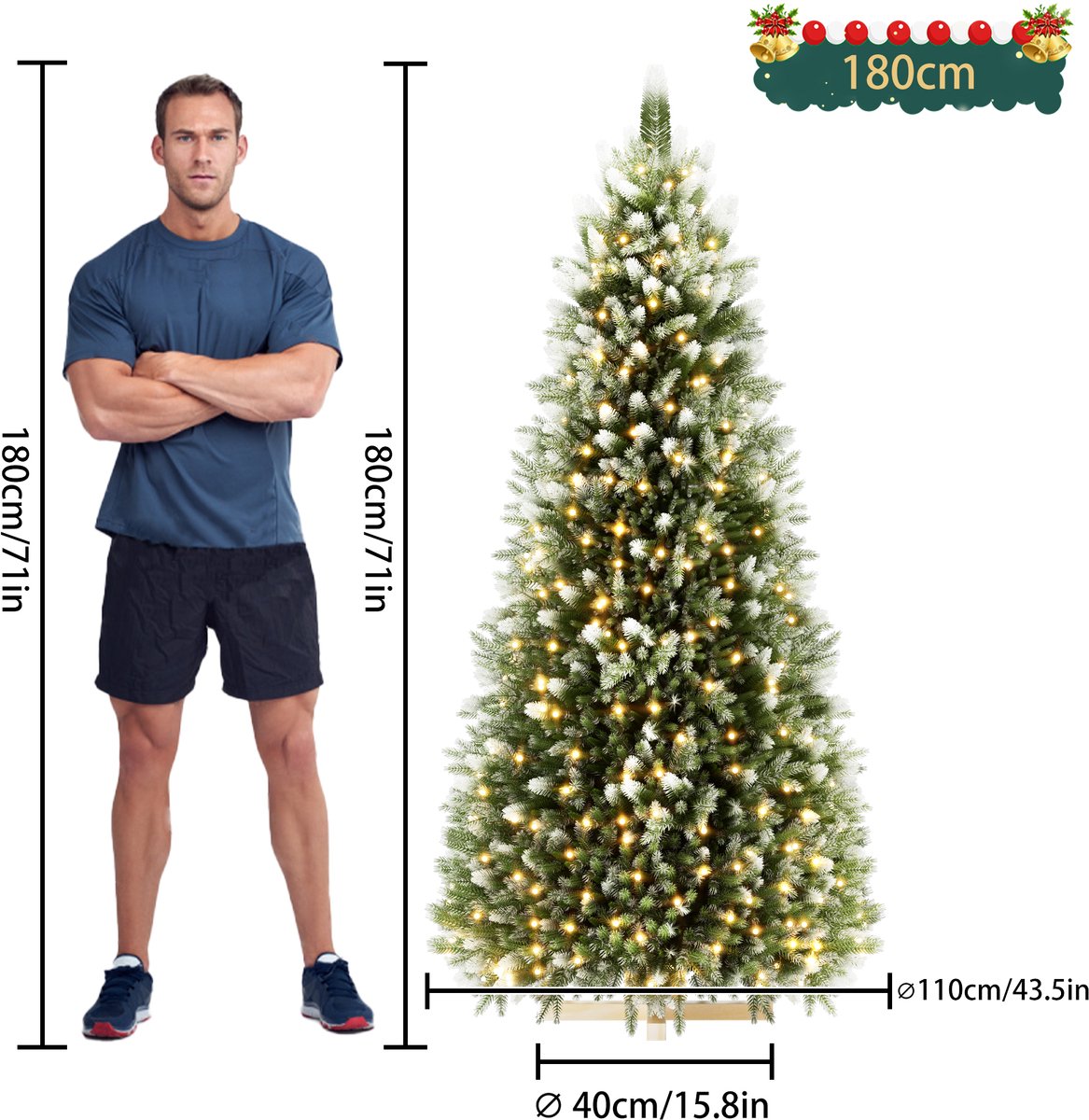 Aufun 180cm Kunstkerstboom dennenboom kunstgroen PVC, edelspar snel op te bouwen, incl. LED-verlichting en kerstboomstandaard, natuurlijk wit besneeuwd – foto 4