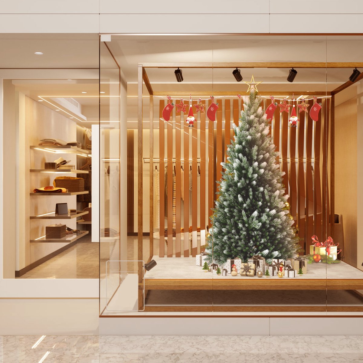 Aufun 150cm Kunstkerstboom dennenboom kunstgroen PVC met decoratieve sneeuw, edelspar snel op te bouwen, brandvertragend, incl. kerstboomstandaard, natuurlijk wit besneeuwd