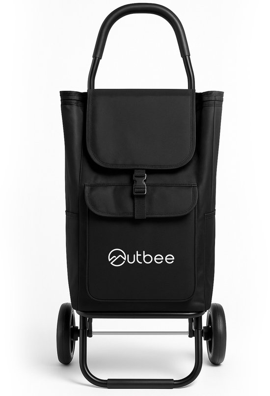 Zwarte, opvouwbare boodschappentrolley met aluminium frame en polyester tas met gesp.