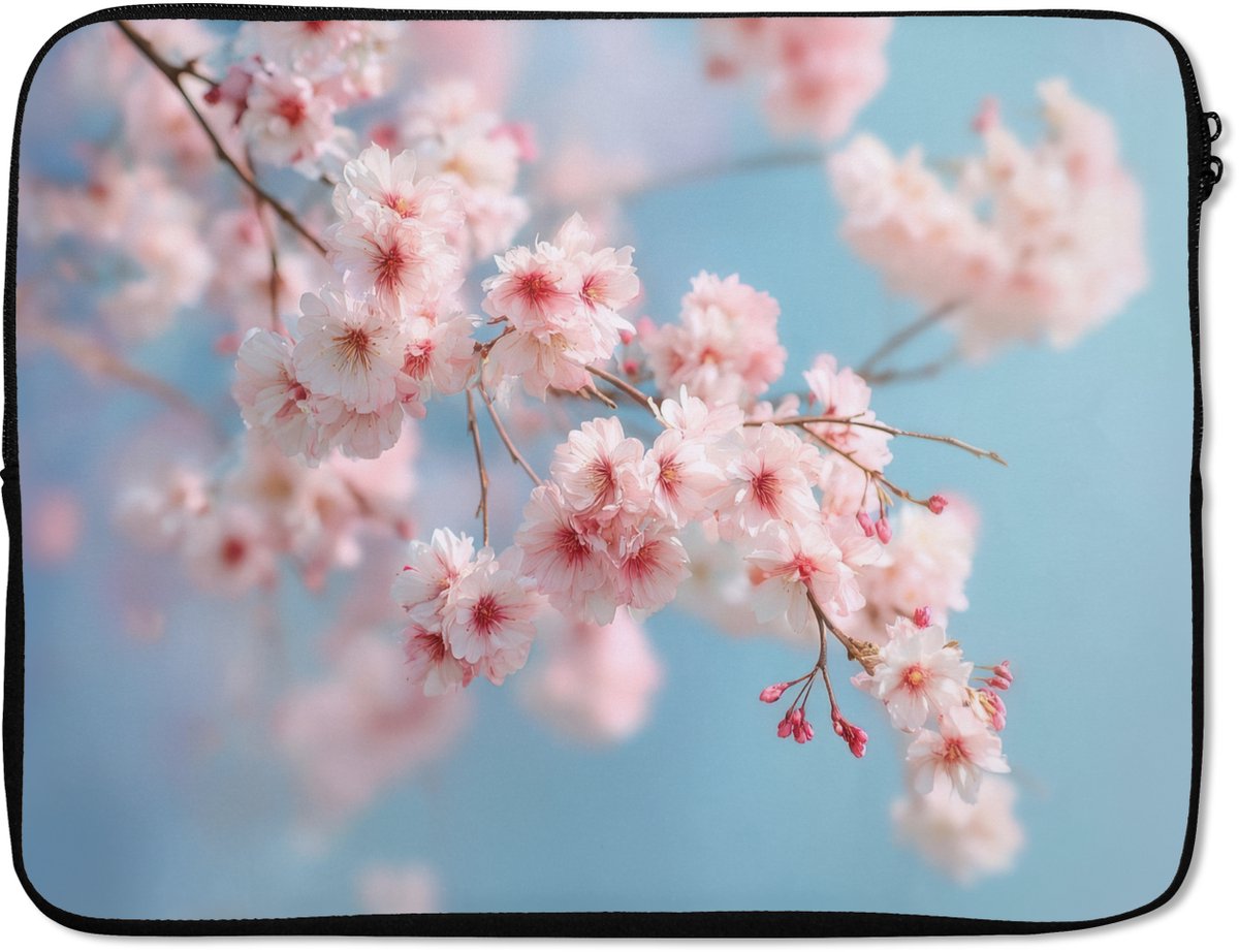 Laptophoes 17 inch - Takken - Bloesems - Roze - Laptop sleeve - Binnenmaat 41x28 cm - Zwarte achterkant