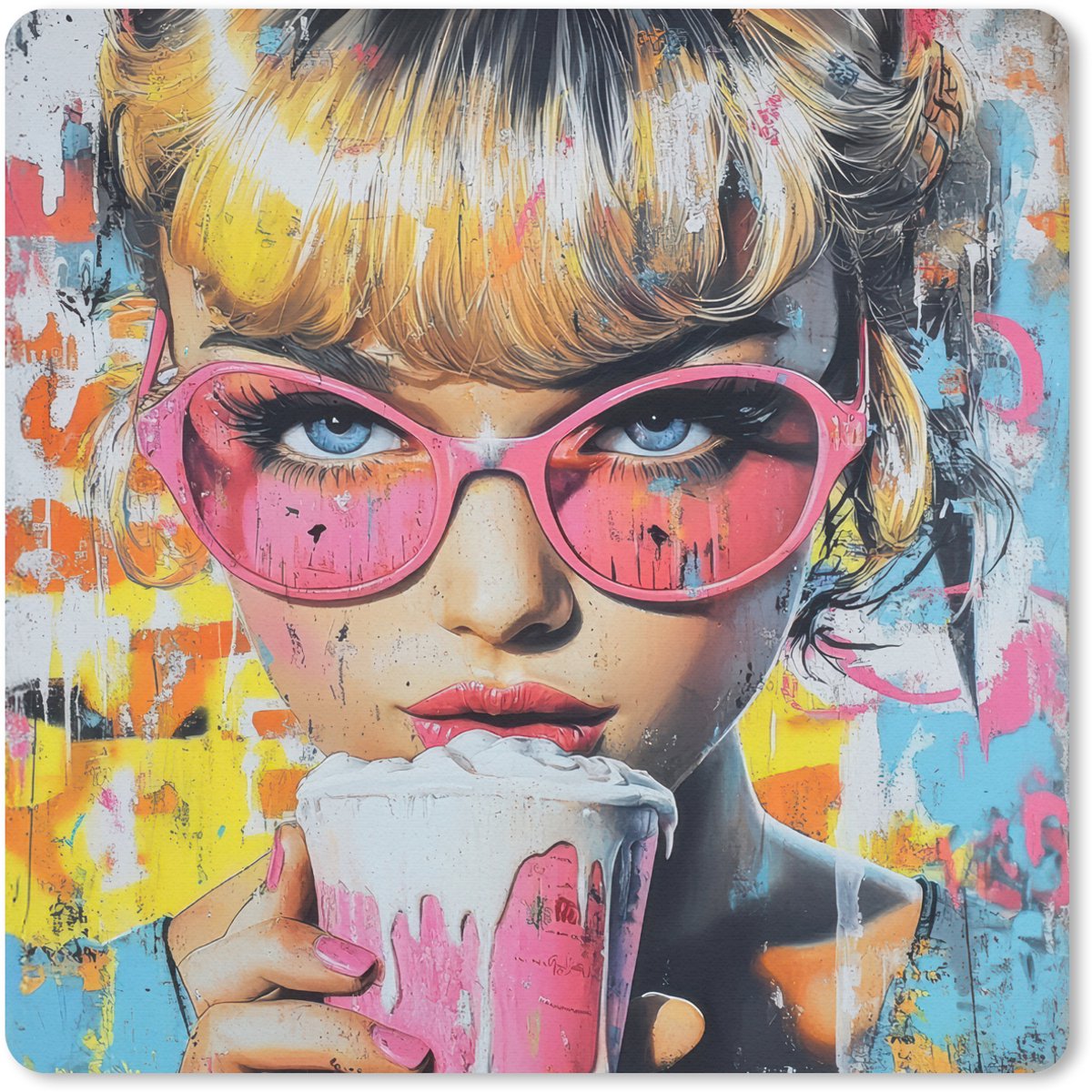 Muismat 30x30 cm - Mousepad Expressief - Milkshake - Vrouw - Felle kleuren - Muismatten