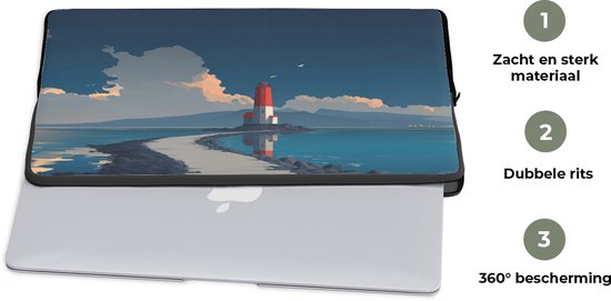 Laptophoes 17 inch - Vuurtoren - Zee - Wolken - Laptop sleeve - Binnenmaat 41x28 cm - Zwarte achterkant