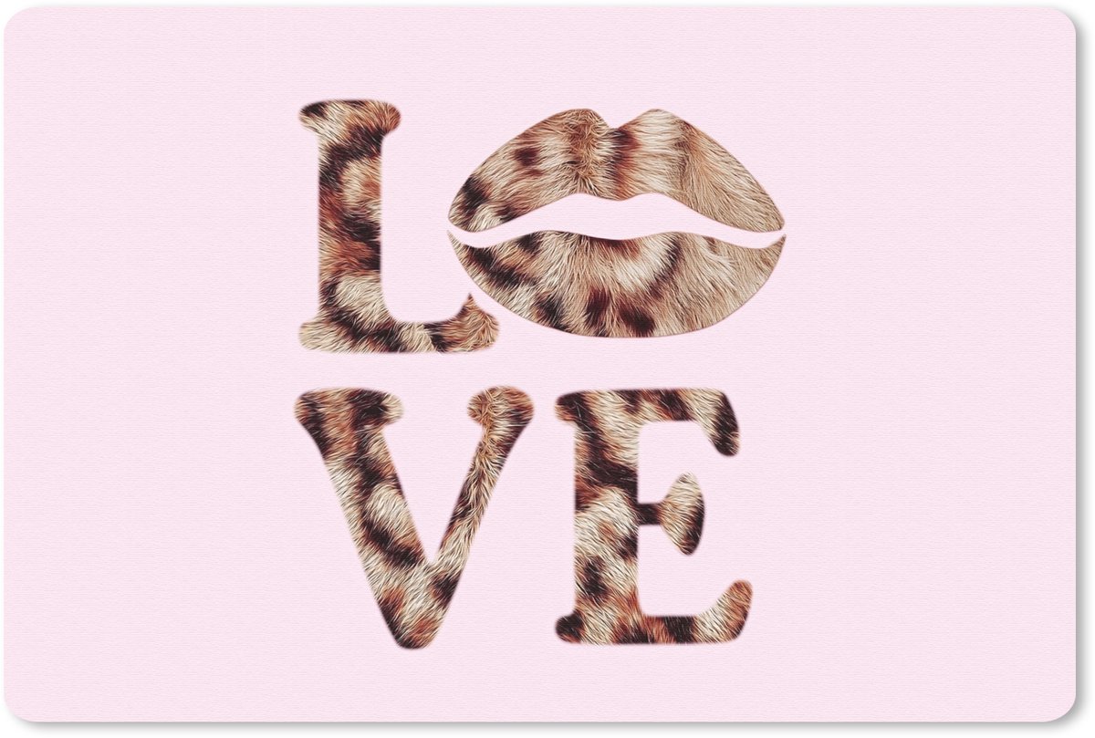 Muismat 27x18 cm - Mousepad Tekst - Love - Pantervacht - Lichtroze - Muismatten