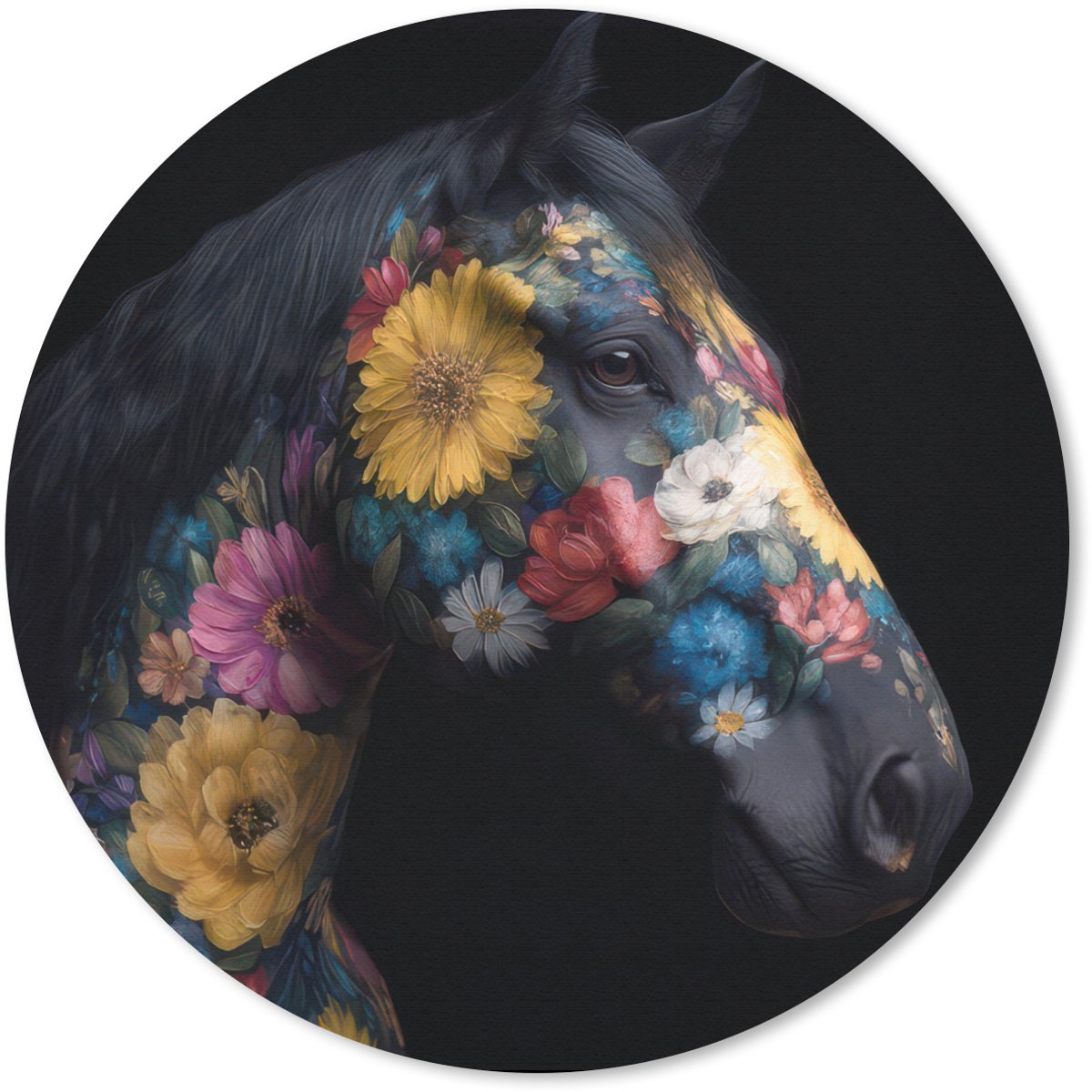 Muismat rond 20x20 cm - Mousepad Paard - Bloemen - Zwart - Ronde muismatten