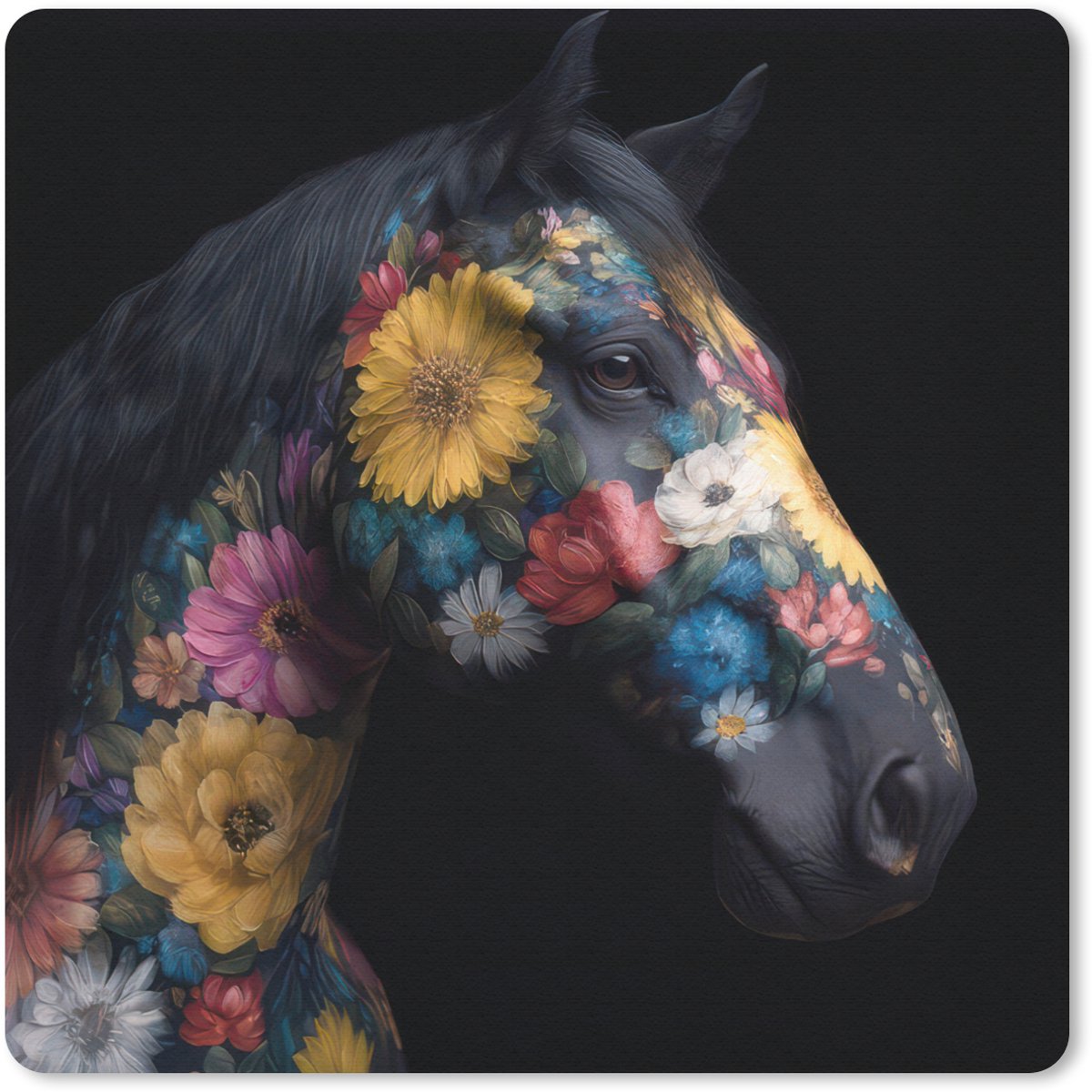 Muismat 20x20 cm - Mousepad Paard - Bloemen - Zwart - Muismatten