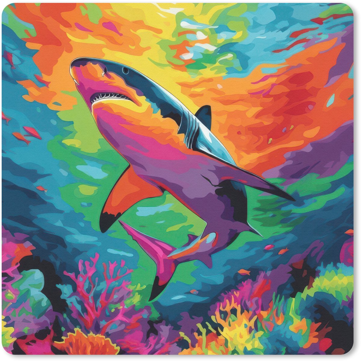 Muismat 20x20 cm - Mousepad Haai - Koraalrif - Abstract - Kleurrijk - Muismatten