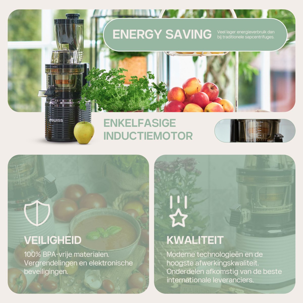 4SWISS Slow Juicer BM202, 200 W, 40 tpm, Reverse-functie, EasyClean, XXL-opening, Zwart thumbnail 6