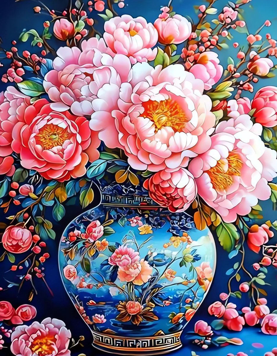 5D Diamond Painting Vierkante steentjes - Painting maat 50x70cm - Fluwelen canvas - Volledige bedekking - Complete set - Pioenrozen
