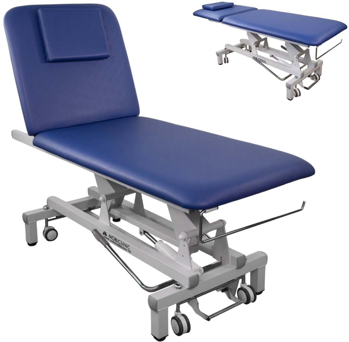 Mobiclinic CH-01 - Hydraulische brancard - Behandelstoel - Met twee delen - 194 x 70 cm - Met wielen en rolhouder - Tot 180 kg - Neerklapbaar tot 70 graden - Blauw