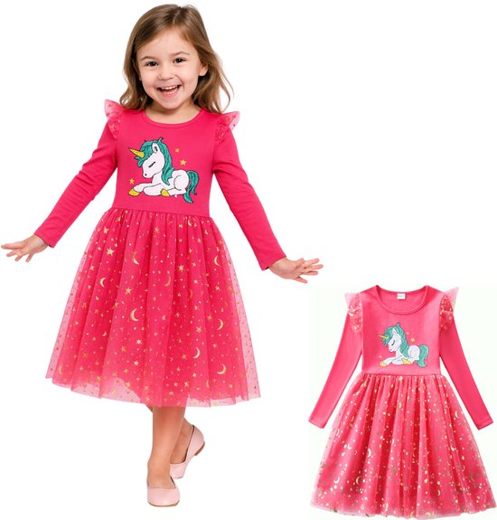 Joya Kids® Unicorn Verkleedjurk Meisjes | Hard Roze Jurkje met Lange Mouwen & Tule Rok | Comfortabele Prinsessenjurk voor Kinderen | T-shirt Stof | Prinsessenjurk meisje | Maat 110 | 4-5 Jaar