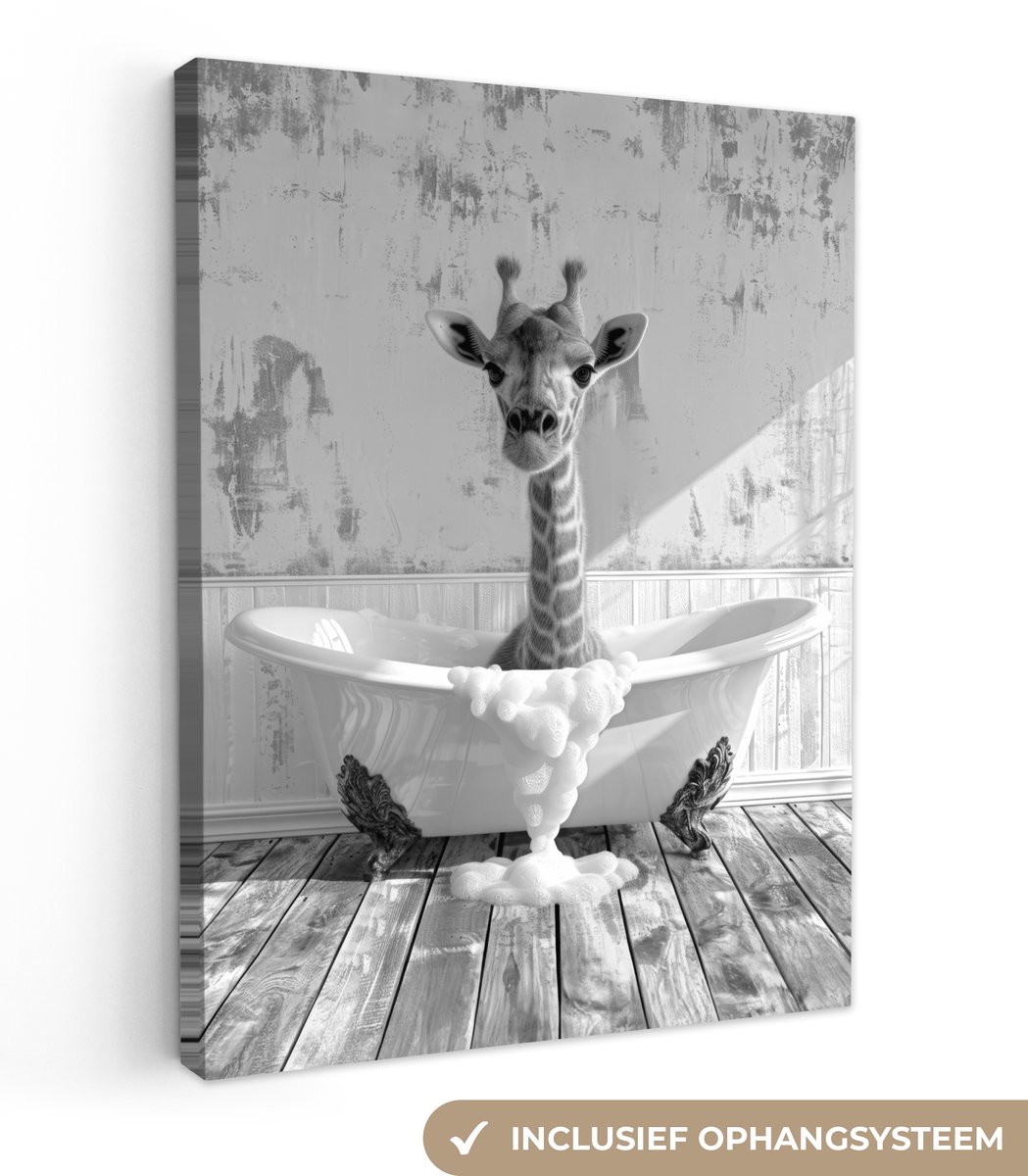 Canvas schilderij 60x80 cm - Wanddecoratie badkamer Giraffe - Dier - Badkuip - Vintage - Z
