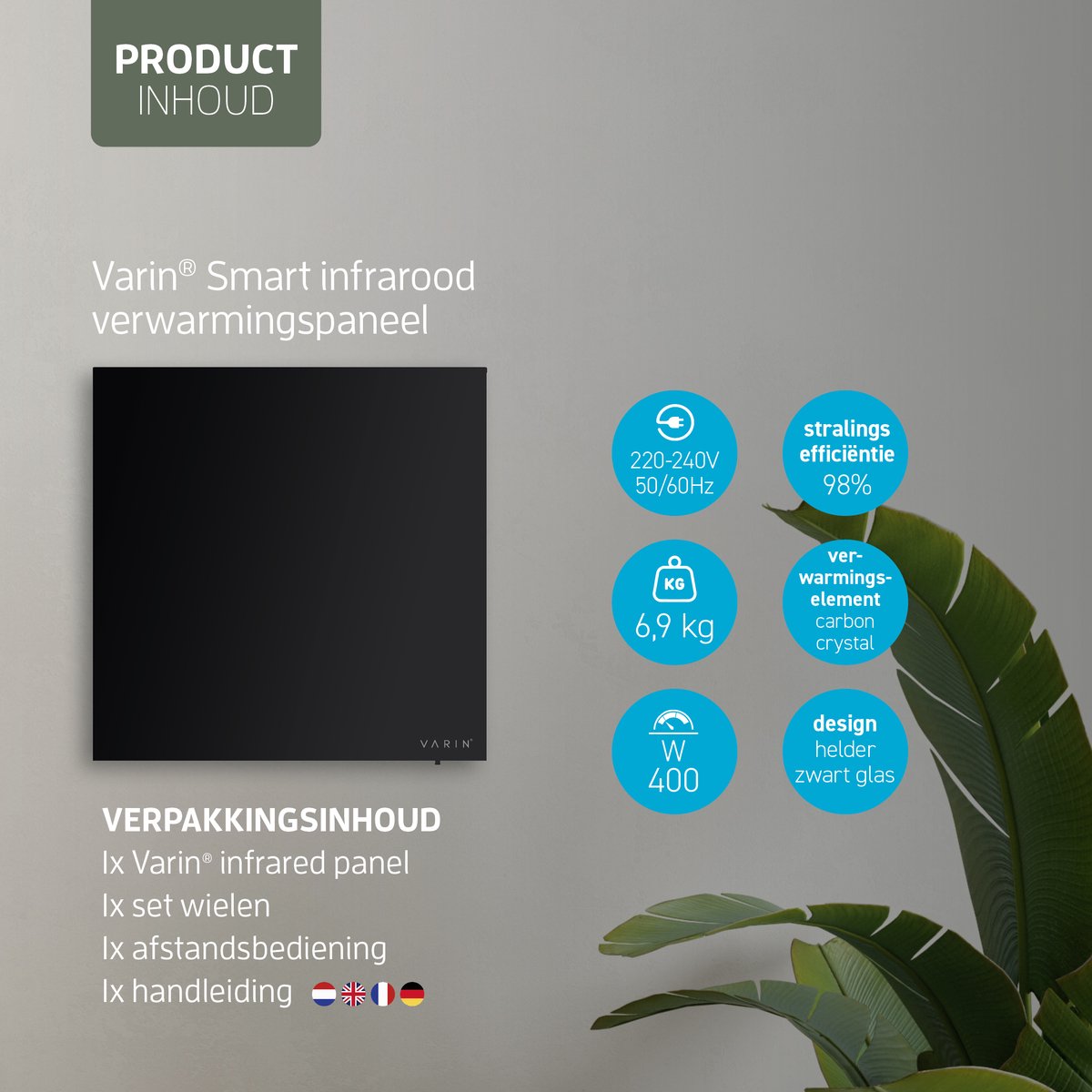Varin® Smart Design Infrarood verwarmingspaneel - 400W - 60x60cm - Zwart glas - IP24 - Met thermostaat - Wandmontage of verrijdbaar - Elektrische verwarming - Infrarood paneel verplaatsbaar - Kachel - Heater bureau - Terrasverwarmer - Tuya Wifi – foto 3