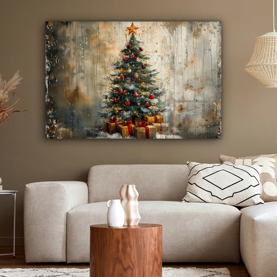 Canvas schilderij 120x80 cm - Wanddecoratie Kerstboom - Vintage - Kerst - Cadeau - Muurdecoratie woonkamer - Slaapkamer decoratie - Kamer accessoires - Schilderijen op canvas - Kerstdecoratie voor binnen - Kerstversiering - Kerstmis versiering