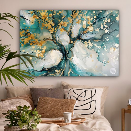 Canvas schilderij 120x80 cm - Wanddecoratie Boom - Modern - Verflook - Turquoise - Goud - Muurdecoratie woonkamer - Slaapkamer decoratie - Kamer accessoires - Schilderijen op canvas