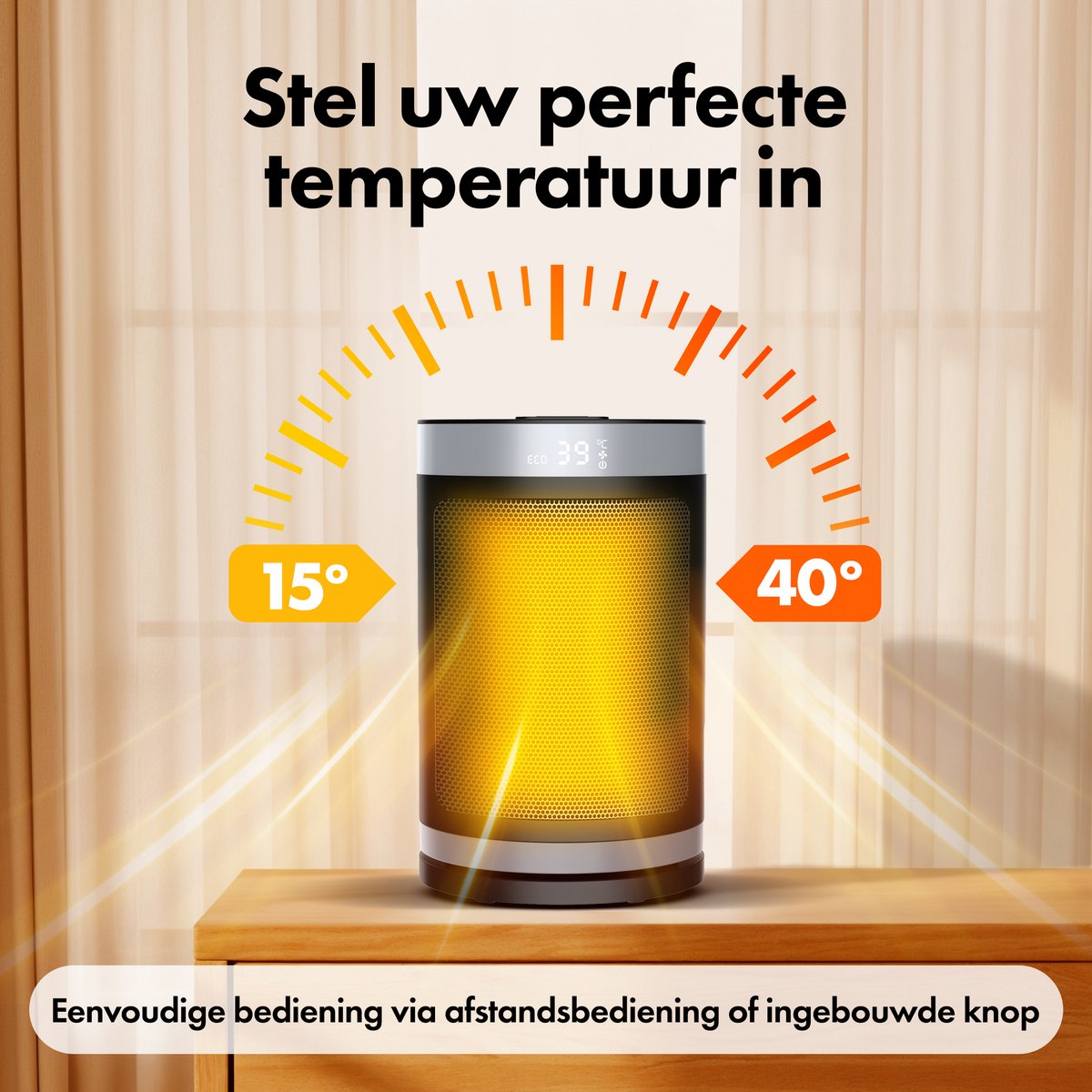 Elektrische Kachel 1500W - Keramische Ventilatorkachel - Heater - Afstandsbediening en Timerfunctie - 70° Draaifunctie - Komodo – foto 4