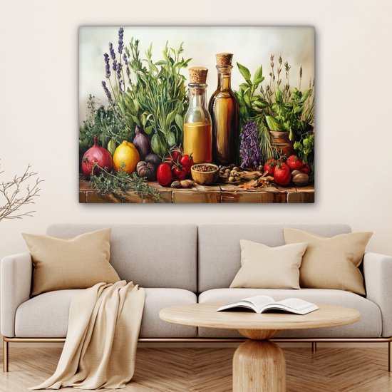Peinture sur toile 120x90 cm - Décoration murale Nature morte - Herbes - Épices - Fruits - Coloré - Décoration murale salon - Décoration chambre - Accessoires chambre - Peintures