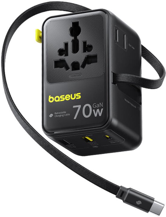 Baseus Reis Oplader 70W – Wereldstekker EU/KR, VK, USA/JP, AUS/CN – Power Delivery Snellader – Ingebouwde USB-C kabel – 1x USB-C, 2x USB-A, 2x AC – Zwart