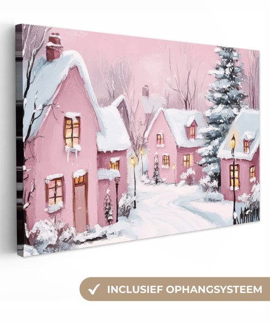 Canvas schilderij 90x60 cm - Wanddecoratie Kerstdorp - Roze - Winter - Sneeuw - Huizen - Muurdecoratie woonkamer - Slaapkamer decoratie - Kamer accessoires - Schilderijen op canvas - Kerstdecoratie voor binnen - Kerstversiering - Kerstmis versiering