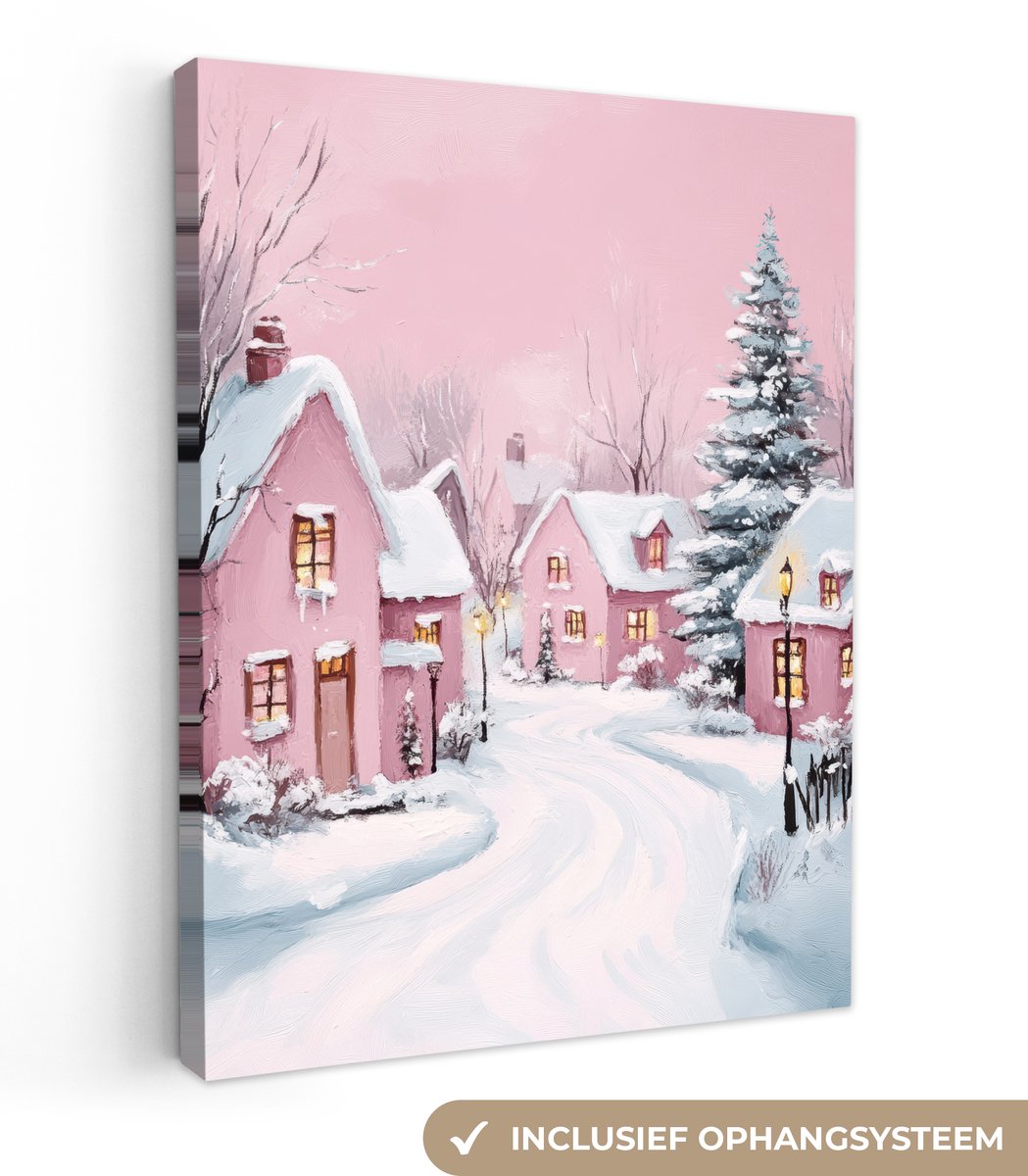 Canvas schilderij 60x80 cm - Wanddecoratie Kerstdorp - Roze - Winter - Sneeuw - Huizen - Muurdecoratie woonkamer - Slaapkamer decoratie - Kamer accessoires - Schilderijen op canvas - Kerstdecoratie voor binnen - Kerstversiering - Kerstmis versiering