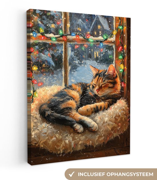 Canvas schilderij 60x80 cm - Wanddecoratie Kat - Kerst - Winter - Dier - Muurdecoratie woonkamer - Slaapkamer decoratie - Kamer accessoires - Schilderijen op canvas - Kerstdecoratie voor binnen - Kerstversiering - Kerstmis versiering
