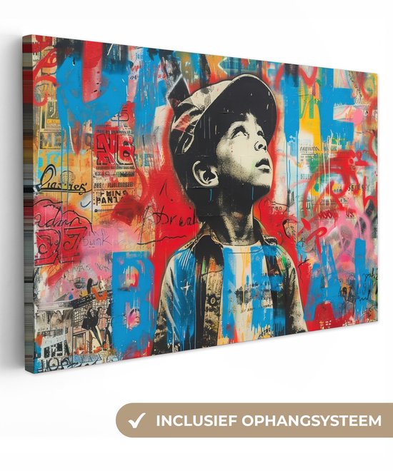 Canvas schilderij 180x120 cm - Wanddecoratie Graffiti - Jongen - Street art - Kleuren - Muurdecoratie woonkamer - Slaapkamer decoratie - Kamer accessoires - Schilderijen op canvas