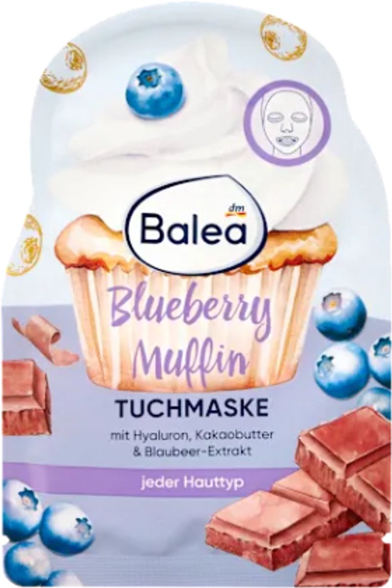 Balea Gezichtsmasker Blueberry Muffin | 1 stuk - Blauwe bes, Hyaluron & Kakoaboter | Zijdezacht doekje voor optimaal comfort - Limited Edition