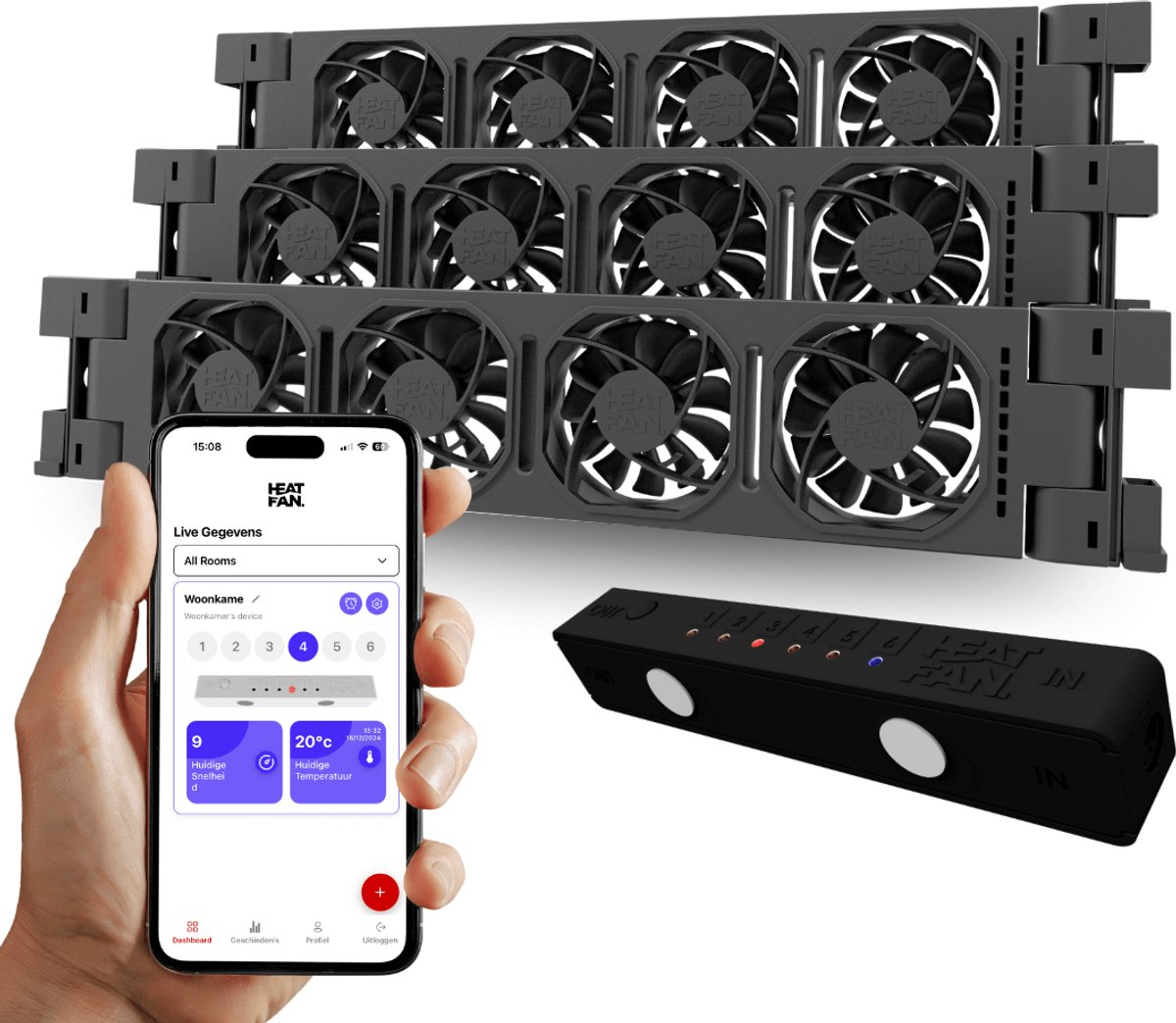 Heatfan 4 - Trio Set - Zwart - Radiator Ventilator – Radiator Ventilator – met WIFI Controller – Energiezuinige Radiator Fan voor Verwarming – Geschikt voor radiatoren van 140 cm t/m 200 cm