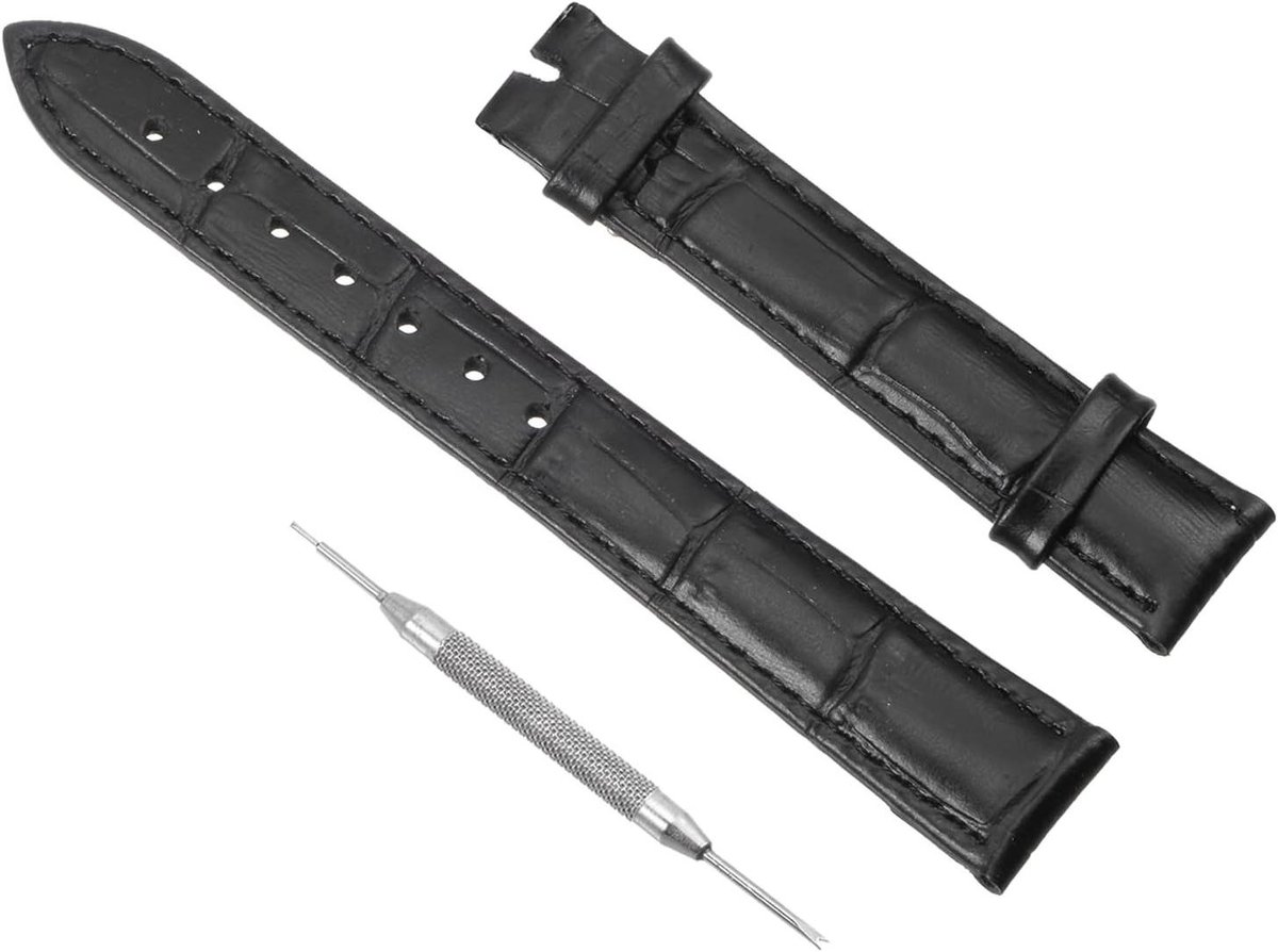 Allecto plus - Armband van koeienleer met reliëf, 15 mm, zwart - horlogebandje met veerpennetje