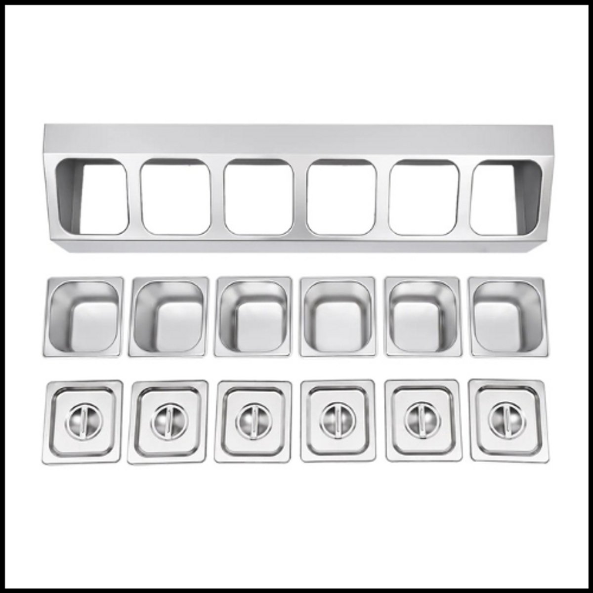 Ingrediëntenbak RVS – 6-vaks Container – Horeca Kruidenbak – Met Deksel en Handgreep – Antislip Voeten – 2L per Vaks – Geschikt voor Restaurants, Bars en Catering