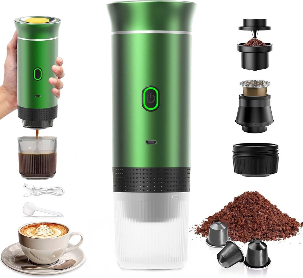 Draagbare 3-in-1 Koffiezetapparaat - Espresso Machine voor Thuis en Reis - Compatibel met Capsules en Gemalen Koffie