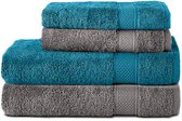 Komfortec Handdoekenset – Set van 4 - 2x Handdoek 50x100 cm en 2x Badhanddoek 70x140 cm - 100% Katoen - Antraciet Grijs&Turquoise