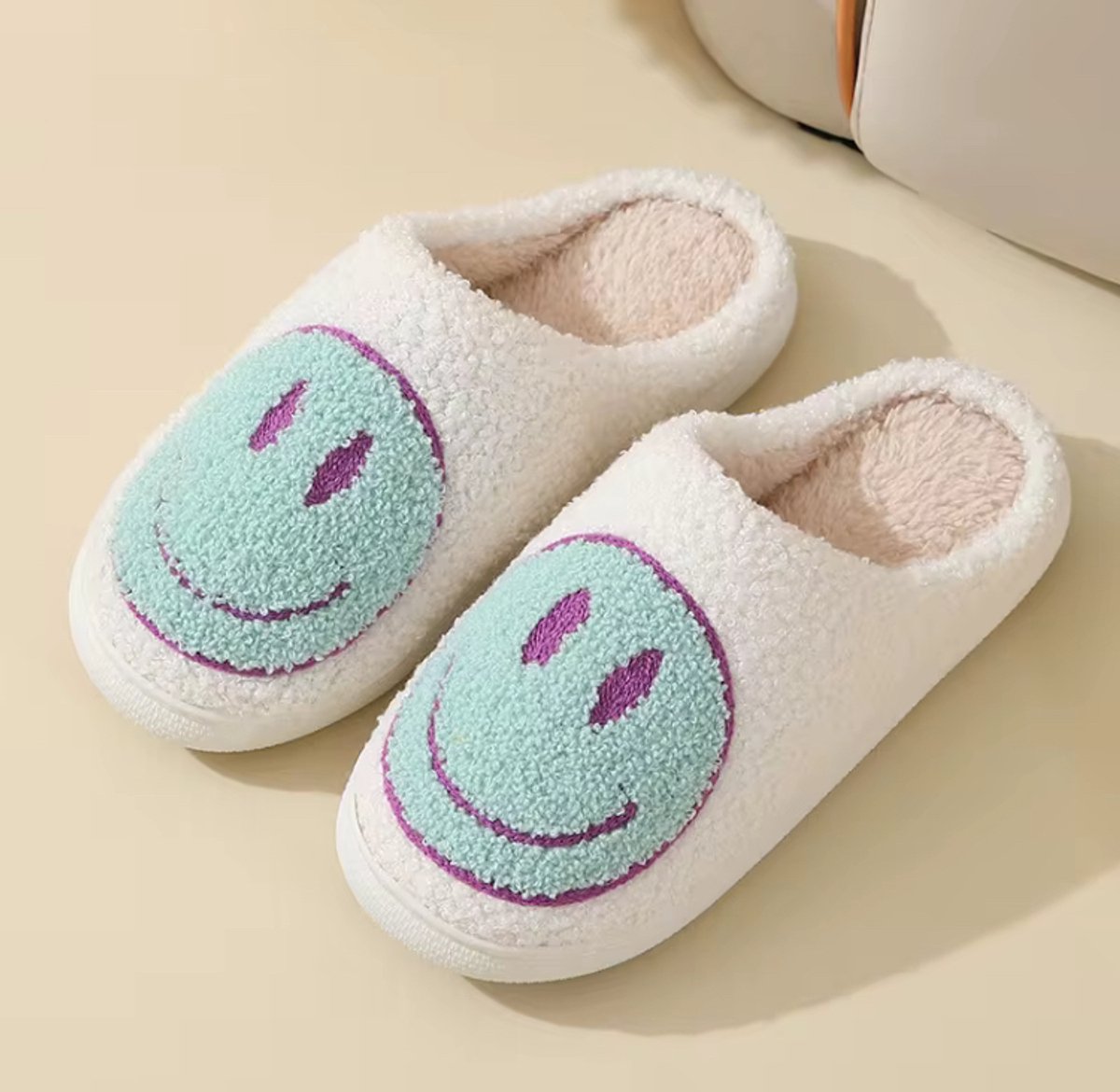 Smiley Pantoffels van Baby-Slofje - Smiley Sloffen - Pantoffels - Sloffen - instappers - Kinderen - Wit/Mint - Maat 36/37
