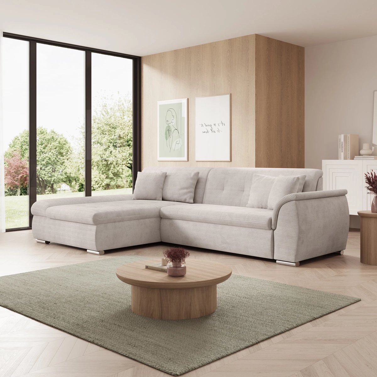 MEUBELLA Hoekbank Alberta - Beige - Ribstof - Links