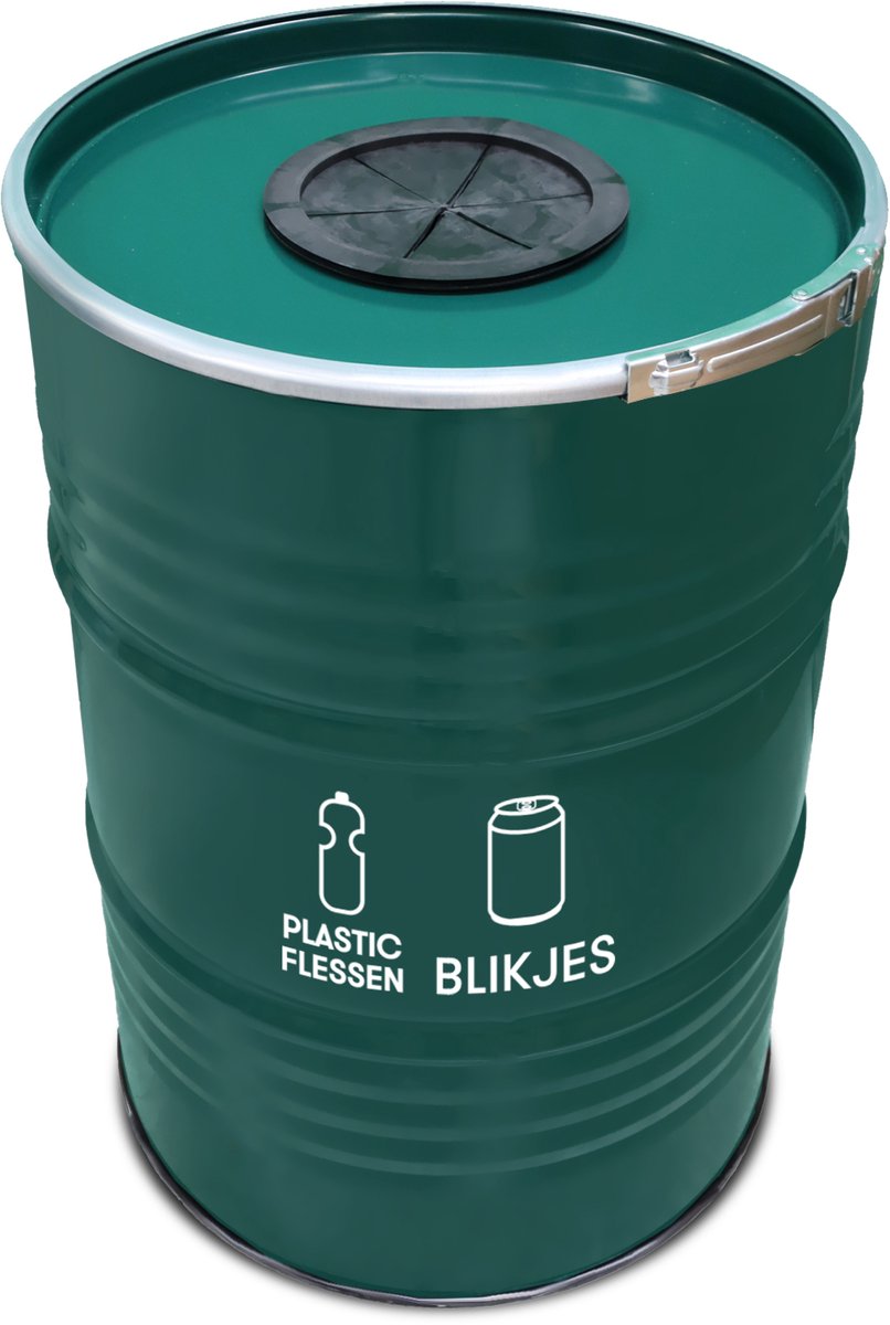 BinBin Duo - Prullenbak Afvalscheiding - Groen Metaal - Ø57x87 cm - 200L - Glasrozet Deksel - Blikjes & Flessen Inzameling