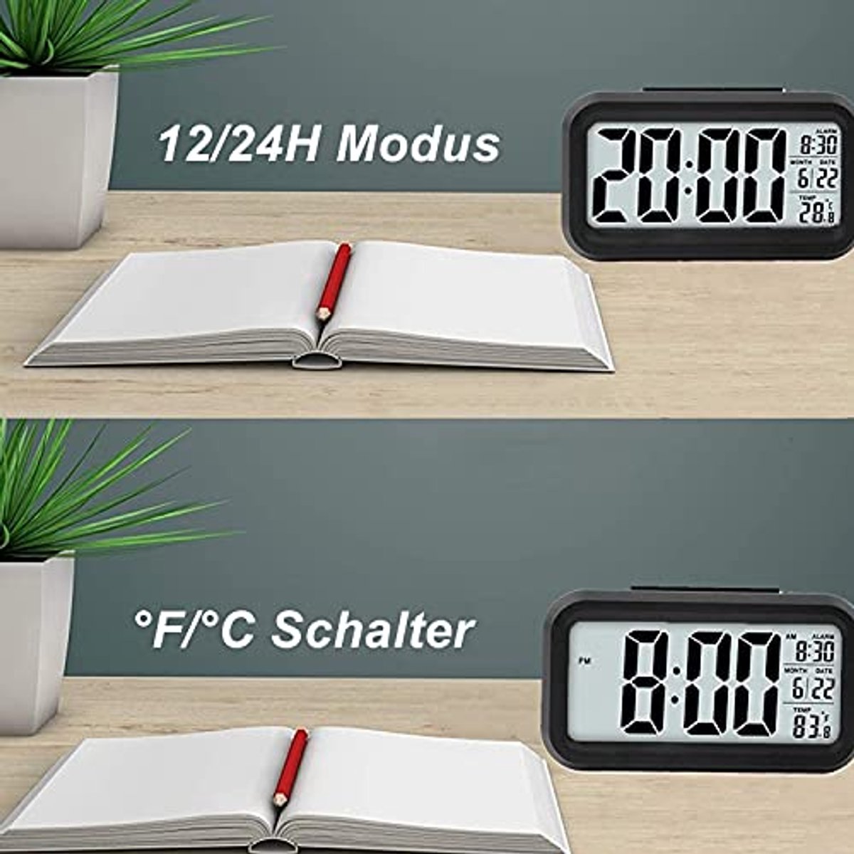 Digitale wekker met slim nachtlampje en sluimerfunctie - 12/24 uur display voor zware slapers en kinderen