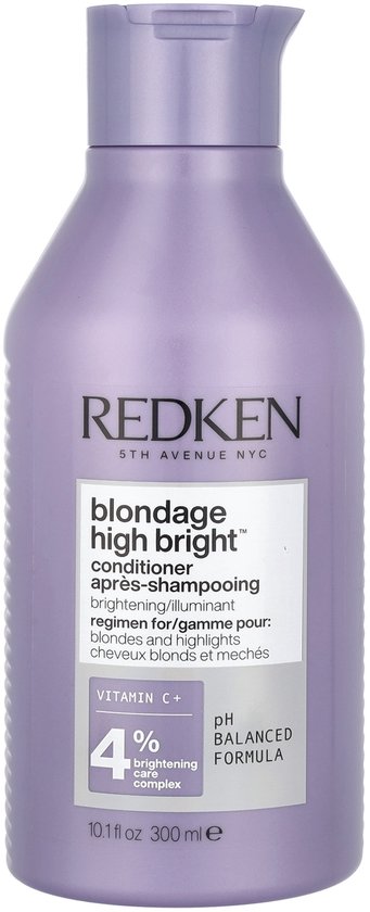 Flacon violet de 300 ml de Redken Blondage High Bright Conditioner, avec Vitamine C+ et formule équilibrée au pH.