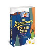 Boekcover van De Bromance Boekenclub met een jeans en een hand met bloemen. De tekst 'DE ROMANCE BOEKENCLUB' staat centraal.