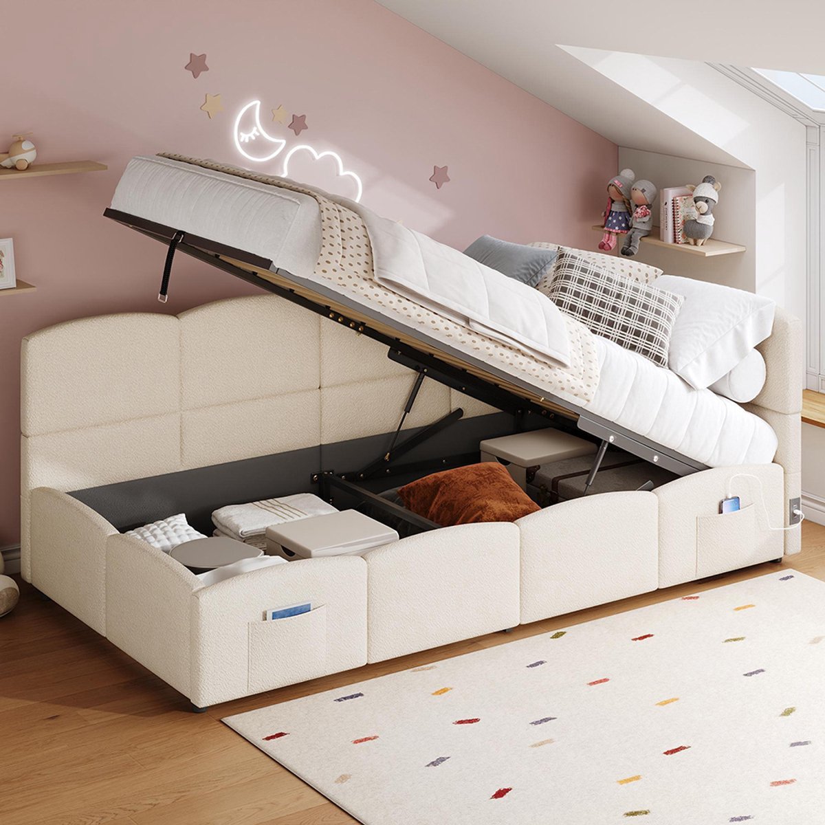 BLACKCOLORS Gestoffeerd bed, kinderbed, eenpersoonsbed, bed met opbergruimte, slaapbank 90x200 cm, met lattenbodem, bouclé stof, USB-oplader, opbergtas, tienerbed en bed voor volwassen kinderen, beige (zonder matras)