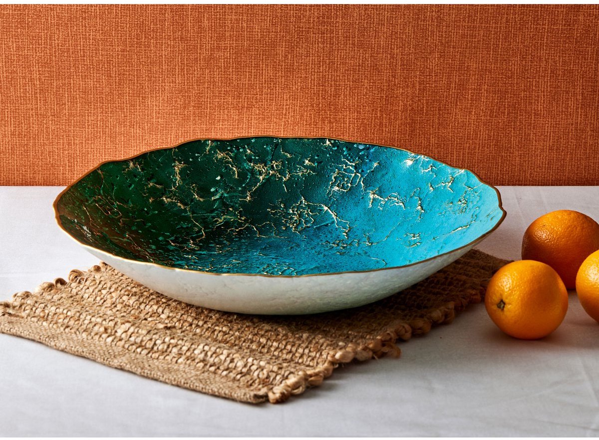 Anton Studio Design marbled lagoon bowl - marmer lagune kom 47 cm - decoratieve schaal 12 x 47 cm - Glas, Marmeren, Massief Goud