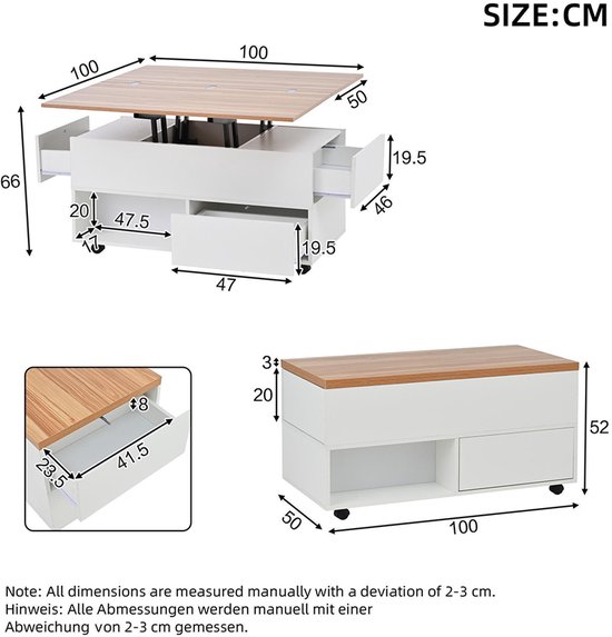 Salontafel 100 x 50 x 52 cm met 4 wielen, multifunctionele