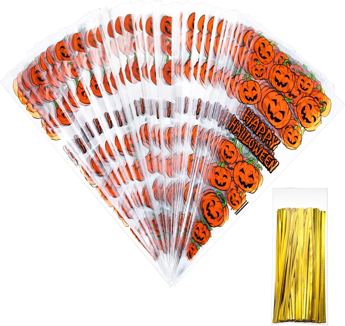 100 stuks Halloween snoepzakjes - Cellofaan snoepzakjes - Halloween cadeauzakjes - Kindercadeauzakjes - Cellofaan zakjes met pompoenmotief - Perfect voor Halloween, feestjes en popcorn - Oranje